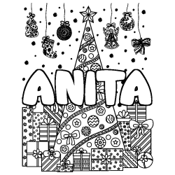 Coloriage pr&eacute;nom ANITA - d&eacute;cor Sapin et Cadeaux