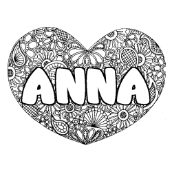 Coloriage prénom ANNA - décor Mandala coeur