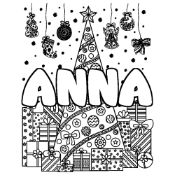 Coloriage prénom ANNA - décor Sapin et Cadeaux