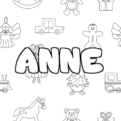 Coloriage prénom ANNE - décor Jouets