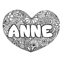 Coloriage prénom ANNE - décor Mandala coeur