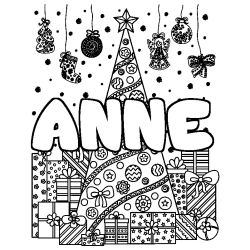 Coloriage pr&eacute;nom ANNE - d&eacute;cor Sapin et Cadeaux