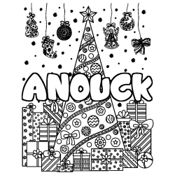 Coloriage pr&eacute;nom ANOUCK - d&eacute;cor Sapin et Cadeaux