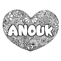 Coloriage prénom ANOUK - décor Mandala coeur