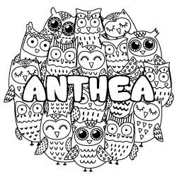 Coloriage prénom ANTHEA - décor Chouettes