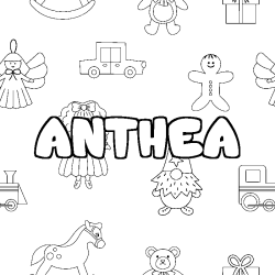 Coloriage prénom ANTHEA - décor Jouets