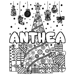 Coloriage prénom ANTHEA - décor Sapin et Cadeaux