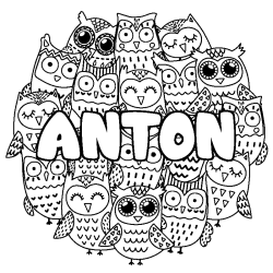 Coloriage prénom ANTON - décor Chouettes