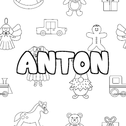 Coloriage prénom ANTON - décor Jouets