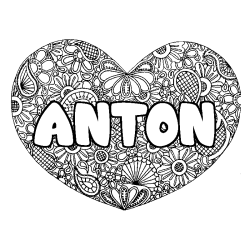 Coloriage pr&eacute;nom ANTON - d&eacute;cor Mandala coeur