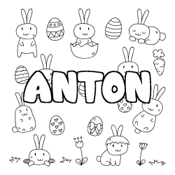 Coloriage prénom ANTON - décor Paques