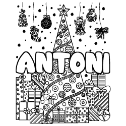 Coloriage pr&eacute;nom ANTONI - d&eacute;cor Sapin et Cadeaux