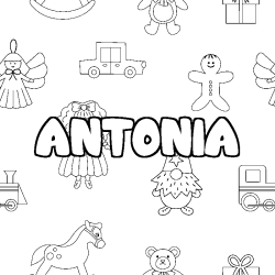 Coloriage prénom ANTONIA - décor Jouets