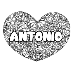 Coloriage pr&eacute;nom ANTONIO - d&eacute;cor Mandala coeur