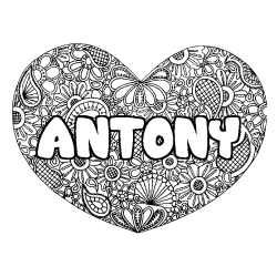 Coloriage pr&eacute;nom ANTONY - d&eacute;cor Mandala coeur