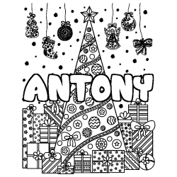 Coloriage prénom ANTONY - décor Sapin et Cadeaux