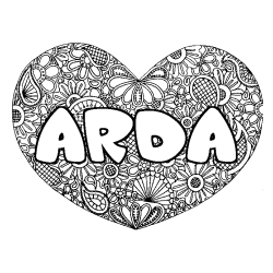 Coloriage prénom ARDA - décor Mandala coeur