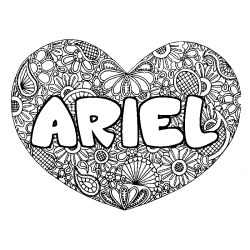 Coloriage pr&eacute;nom ARIEL - d&eacute;cor Mandala coeur