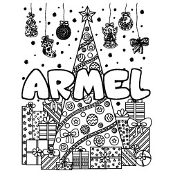 Coloriage pr&eacute;nom ARMEL - d&eacute;cor Sapin et Cadeaux