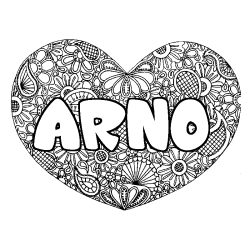 Coloriage pr&eacute;nom ARNO - d&eacute;cor Mandala coeur