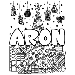 Coloriage pr&eacute;nom ARON - d&eacute;cor Sapin et Cadeaux