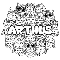 Coloriage prénom ARTHUS - décor Chouettes