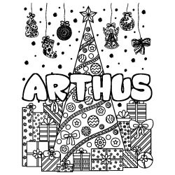 Coloriage prénom ARTHUS - décor Sapin et Cadeaux