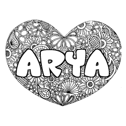 Coloriage pr&eacute;nom ARYA - d&eacute;cor Mandala coeur