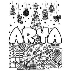 Coloriage prénom ARYA - décor Sapin et Cadeaux