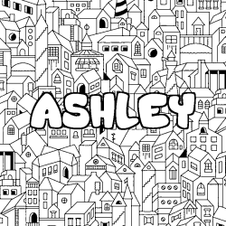 Coloriage pr&eacute;nom ASHLEY - d&eacute;cor Ville