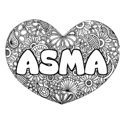 Coloriage pr&eacute;nom ASMA - d&eacute;cor Mandala coeur