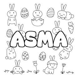 Coloriage prénom ASMA - décor Paques