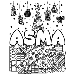 Coloriage prénom ASMA - décor Sapin et Cadeaux