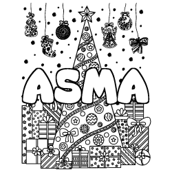 Coloriage pr&eacute;nom ASMA - d&eacute;cor Sapin et Cadeaux