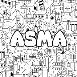 Coloriage pr&eacute;nom ASMA - d&eacute;cor Ville