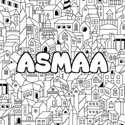 Coloriage pr&eacute;nom ASMAA - d&eacute;cor Ville