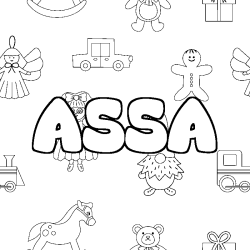 Coloriage pr&eacute;nom ASSA - d&eacute;cor Jouets