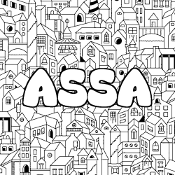 Coloriage pr&eacute;nom ASSA - d&eacute;cor Ville
