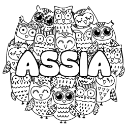 Coloriage prénom ASSIA - décor Chouettes