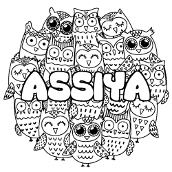 Coloriage prénom ASSIYA - décor Chouettes