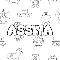 Coloriage pr&eacute;nom ASSIYA - d&eacute;cor Jouets