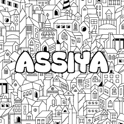 Coloriage pr&eacute;nom ASSIYA - d&eacute;cor Ville