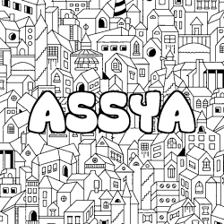 Coloriage pr&eacute;nom ASSYA - d&eacute;cor Ville