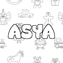 Coloriage pr&eacute;nom ASYA - d&eacute;cor Jouets