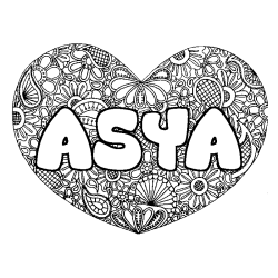 Coloriage pr&eacute;nom ASYA - d&eacute;cor Mandala coeur