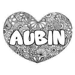 Coloriage pr&eacute;nom AUBIN - d&eacute;cor Mandala coeur