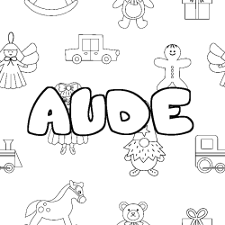 Coloriage pr&eacute;nom AUDE - d&eacute;cor Jouets