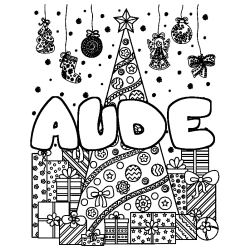 Coloriage pr&eacute;nom AUDE - d&eacute;cor Sapin et Cadeaux