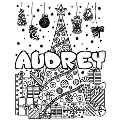 Coloriage pr&eacute;nom AUDREY - d&eacute;cor Sapin et Cadeaux