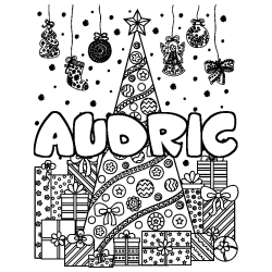 Coloriage pr&eacute;nom AUDRIC - d&eacute;cor Sapin et Cadeaux
